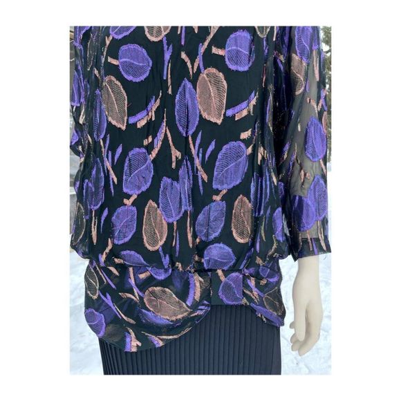 Vintage 80s Blouse Metallic Leaf Print Sheer Open Back Gathered Waist - Picture 2 of 12